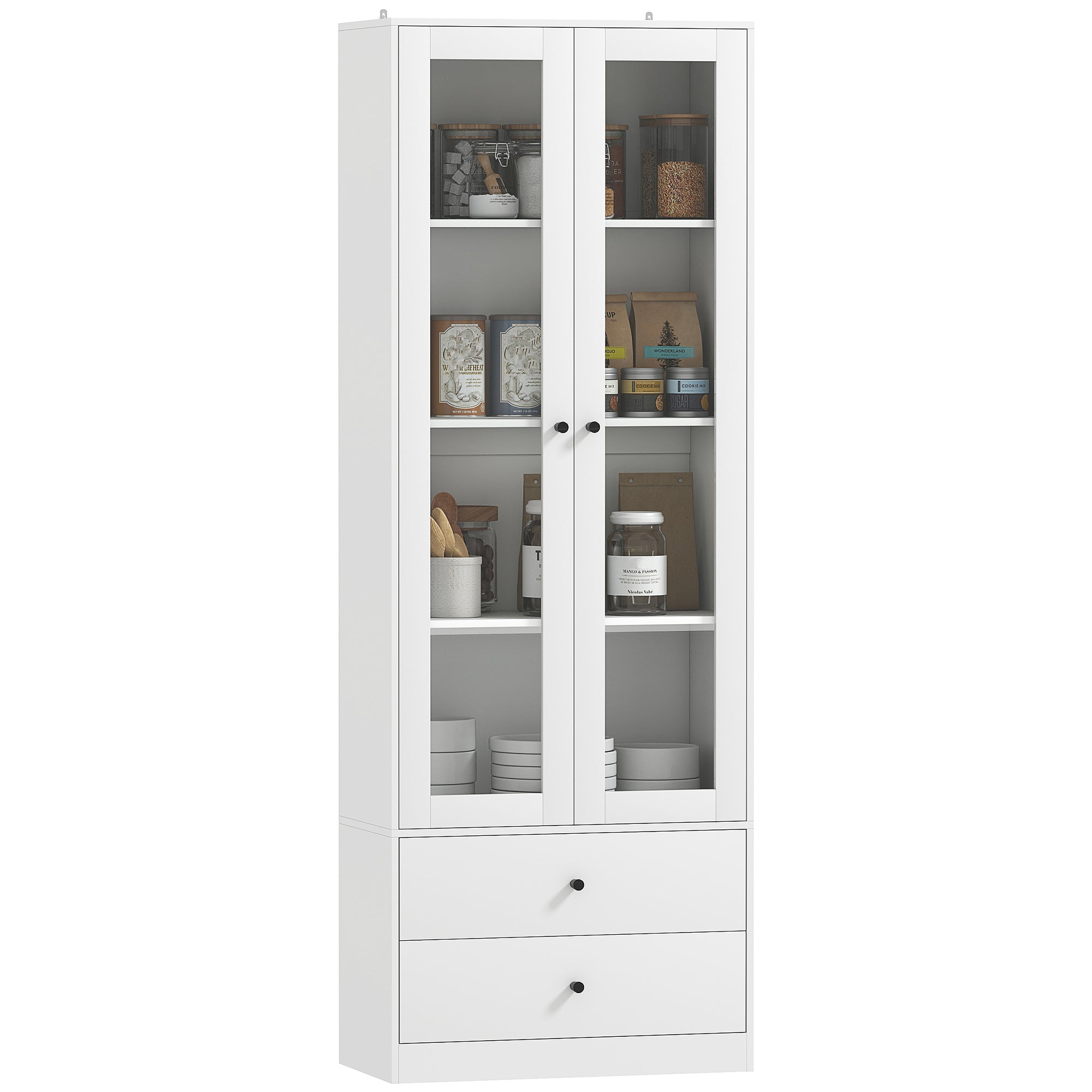 Multi-Purpose Kitchen Sideboard with Cabinet and 2 Drawers, Living Room and Lounge Furniture with Soft-Close Glass Doors and Adjustable Shelves, 59x30x164 cm, White