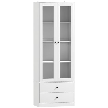 Multi-Purpose Kitchen Sideboard with Cabinet and 2 Drawers, Living Room and Lounge Furniture with Soft-Close Glass Doors and Adjustable Shelves, 59x30x164 cm, White