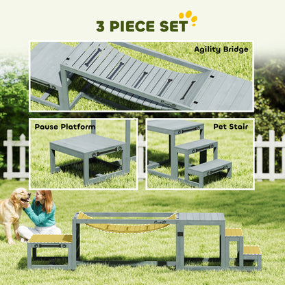 3-Piece Dog Agility Set — Spruce Wood Bridge, Ladder & Platform for Medium to Large Dogs up to 40 kg (88 lb), Gray