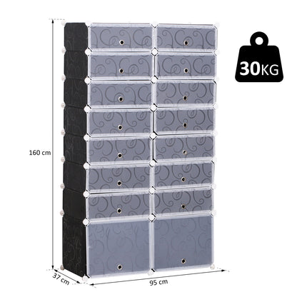 Shoe Boxes 16-Piece Set Stackable Shoe Organizer Shoe Storage Storage Boxes Shelving System with Door, Black + White
