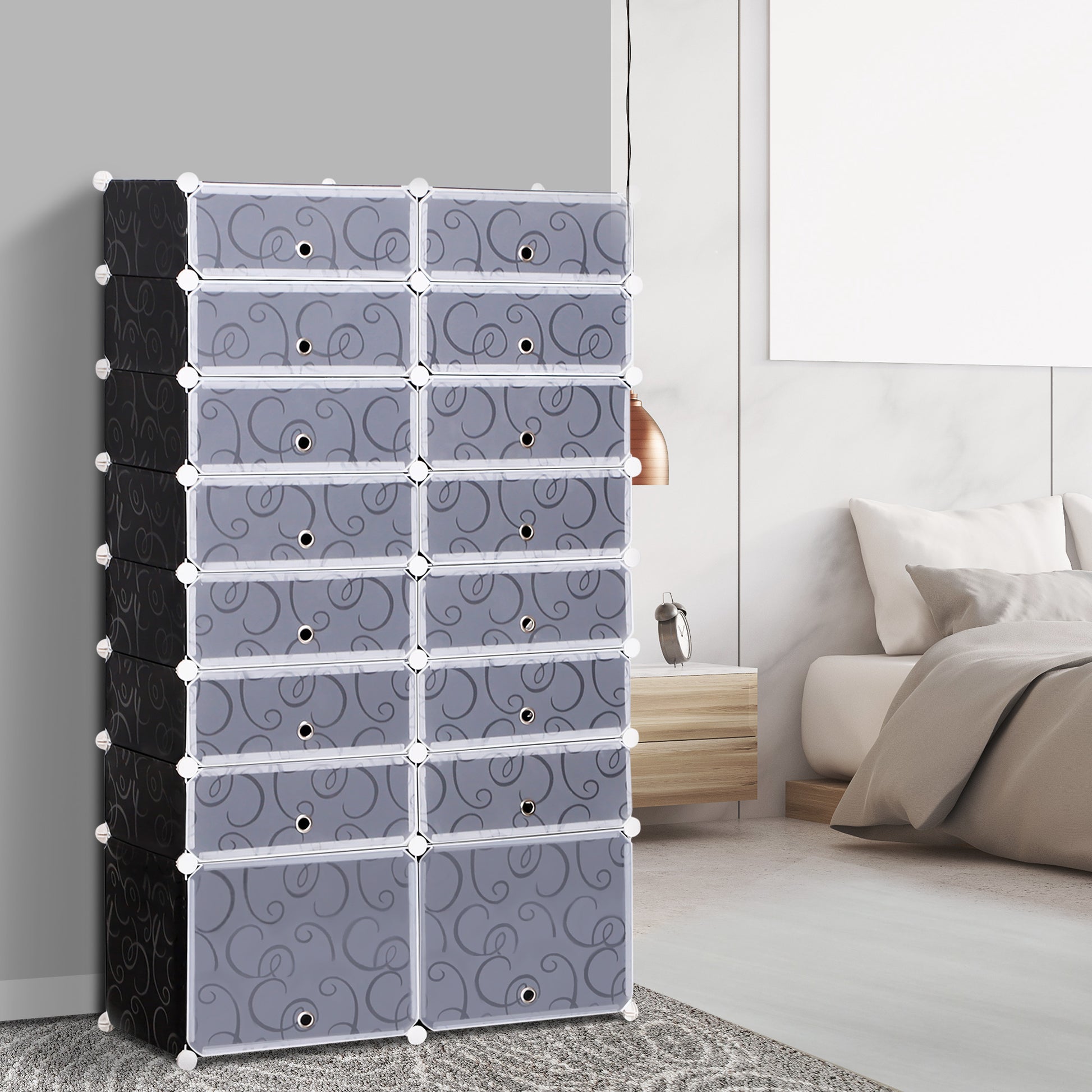 Shoe Boxes 16-Piece Set Stackable Shoe Organizer Shoe Storage Storage Boxes Shelving System with Door, Black + White