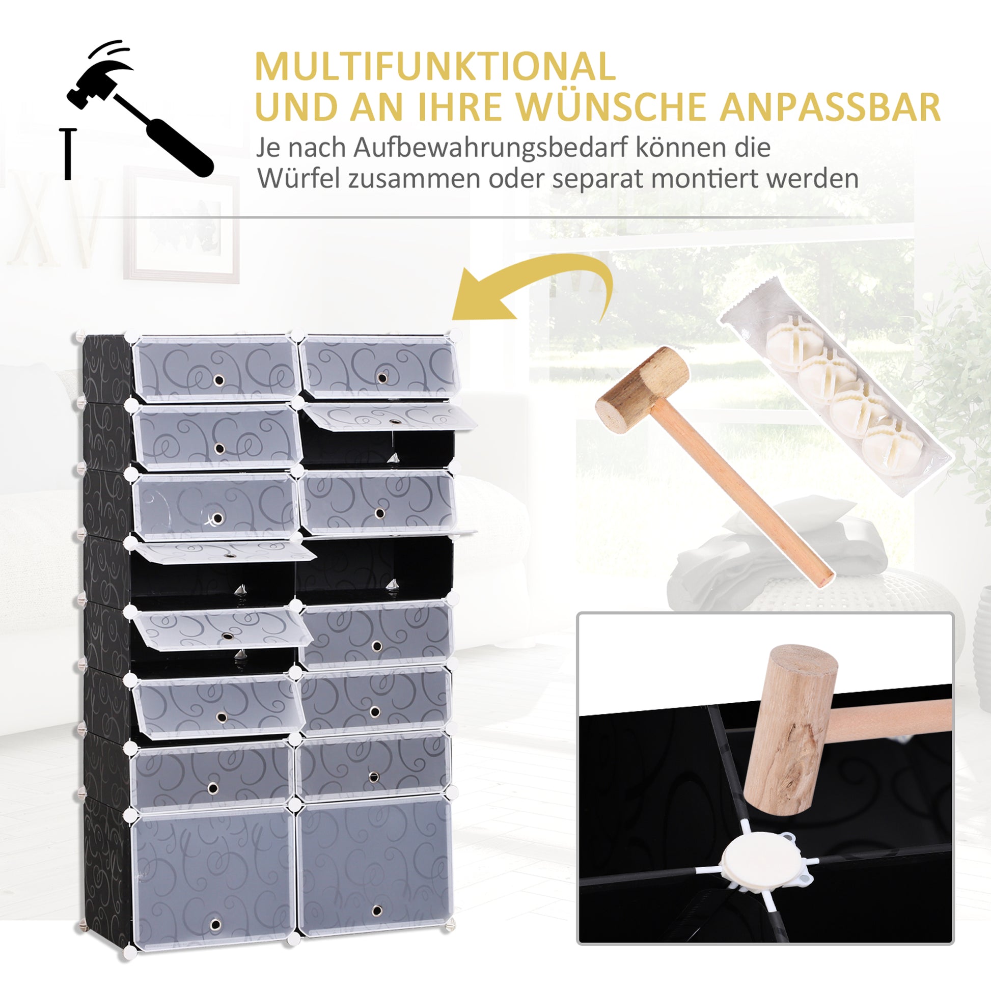 Shoe Boxes 16-Piece Set Stackable Shoe Organizer Shoe Storage Storage Boxes Shelving System with Door, Black + White