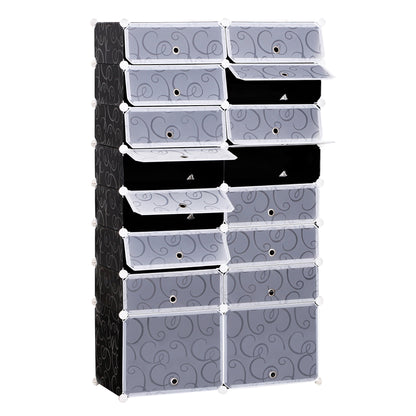 Shoe Boxes 16-Piece Set Stackable Shoe Organizer Shoe Storage Storage Boxes Shelving System with Door, Black + White