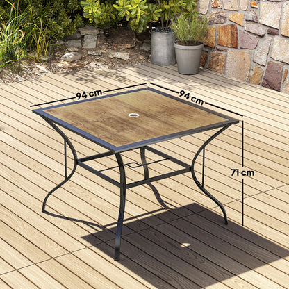 Garden Table for 4 People in Steel, PS and PC with Central Umbrella Hole, 94L x 94W x 71H cm, Brown