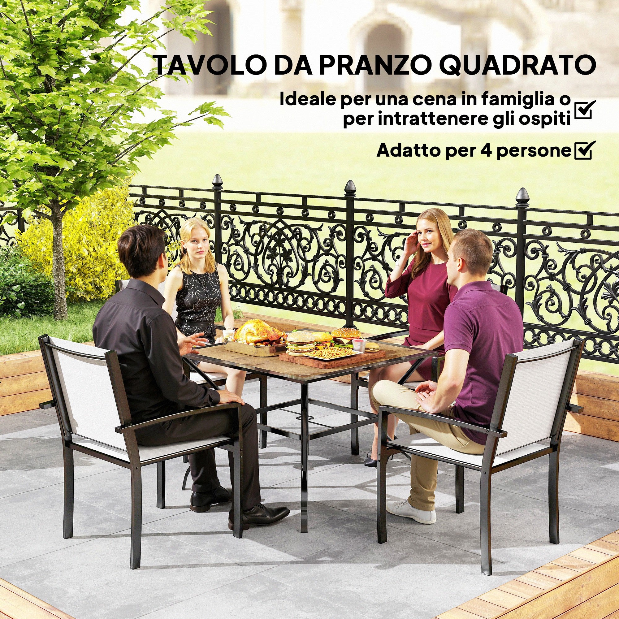 Garden Table for 4 People in Steel, PS and PC with Central Umbrella Hole, 94L x 94W x 71H cm, Brown