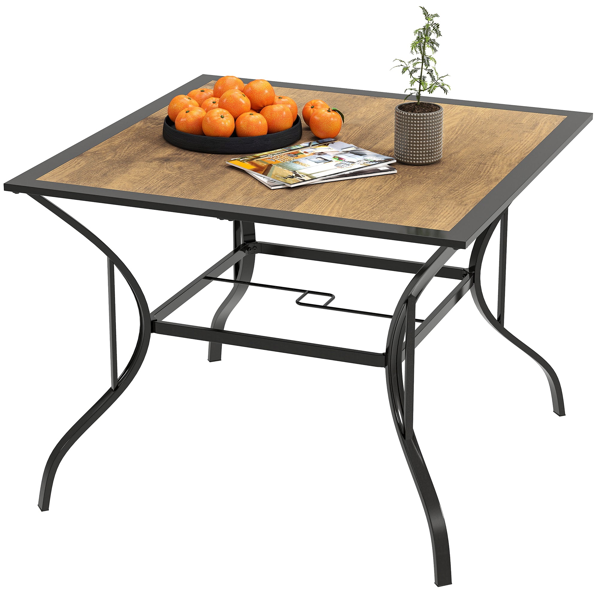 Garden Table for 4 People in Steel, PS and PC with Central Umbrella Hole, 94L x 94W x 71H cm, Brown