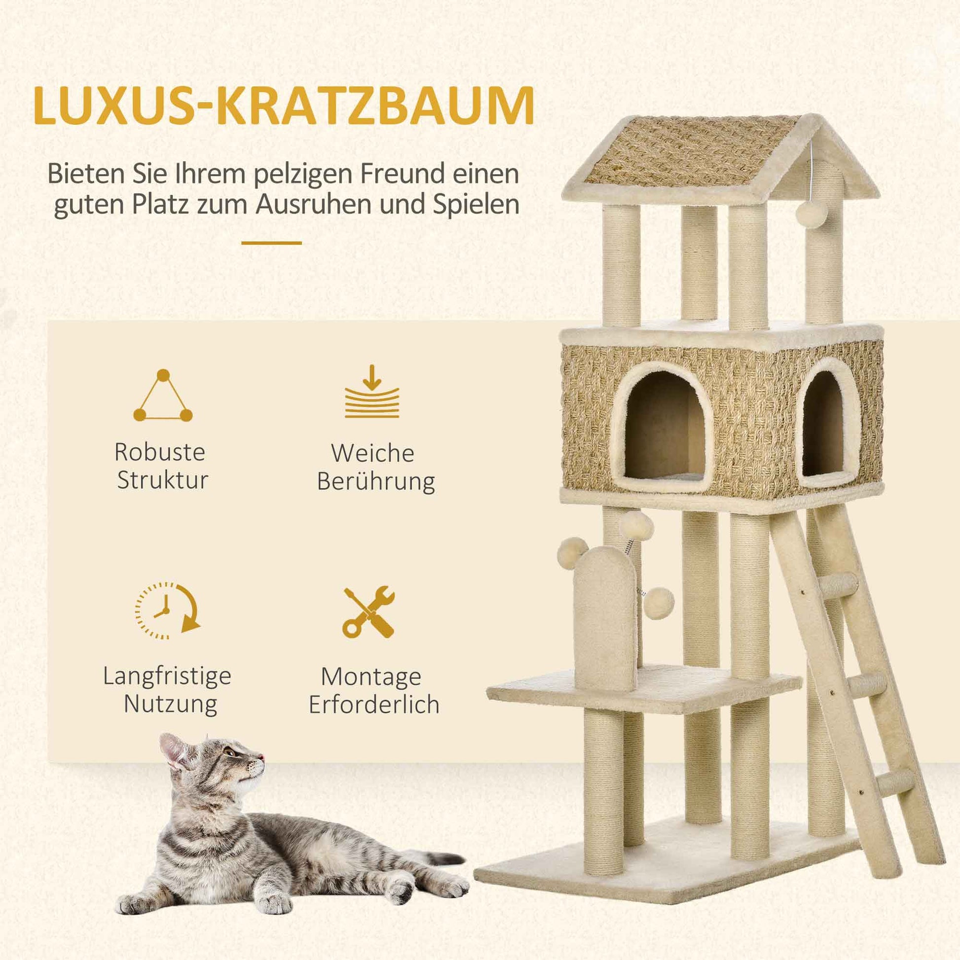 Cat Tree Scratching Post 130H cm Climbing Tree with Cat Condo Playing Balls Jute Posts Large Platform Particle Board Plush Khaki+Beige