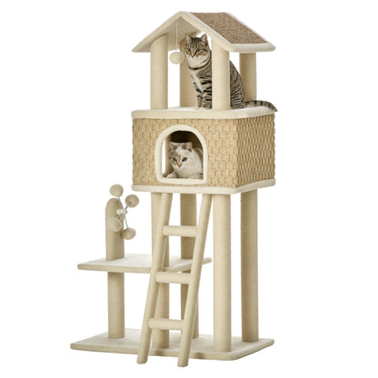 Cat Tree Scratching Post 130H cm Climbing Tree with Cat Condo Playing Balls Jute Posts Large Platform Particle Board Plush Khaki+Beige