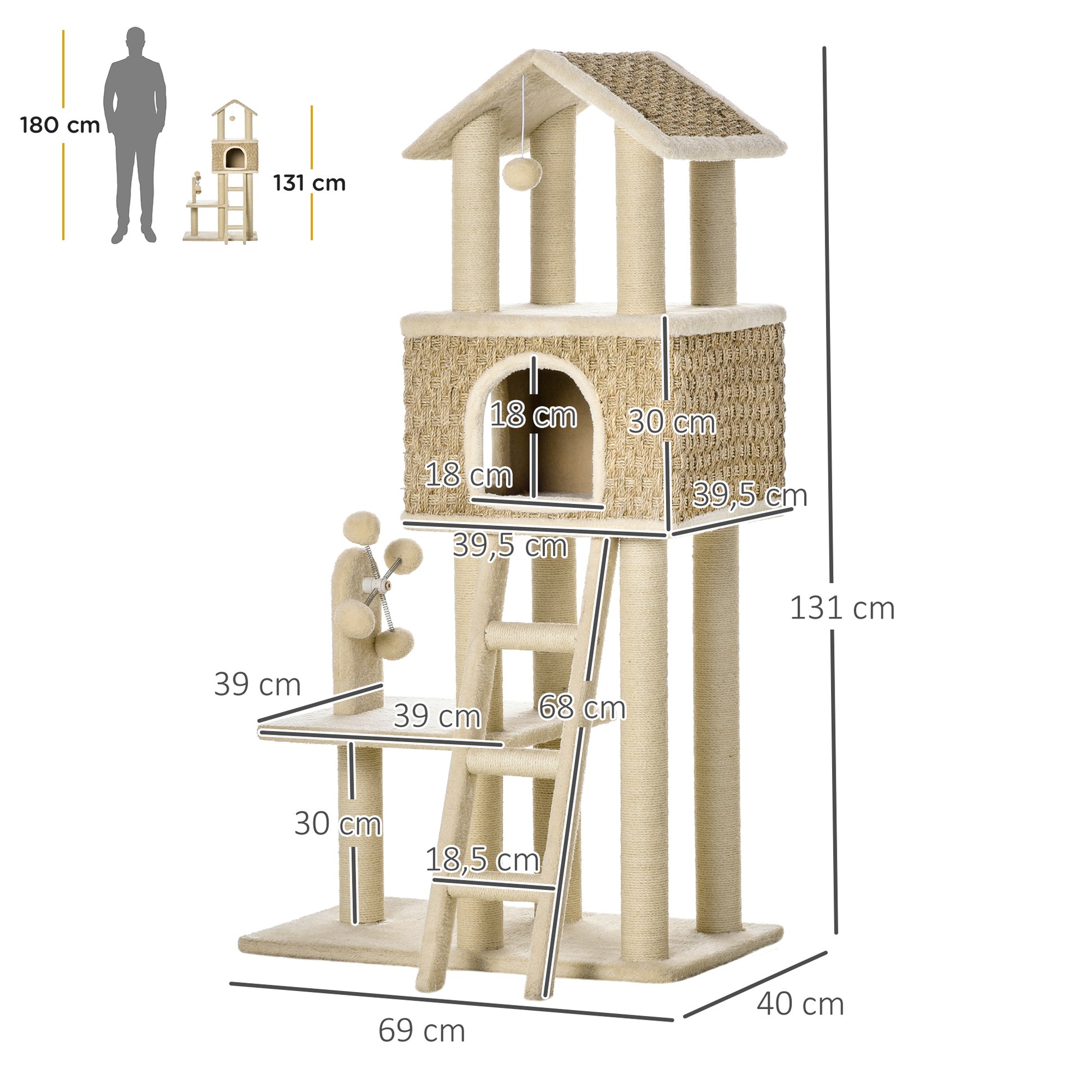 Cat Tree Scratching Post 130H cm Climbing Tree with Cat Condo Playing Balls Jute Posts Large Platform Particle Board Plush Khaki+Beige