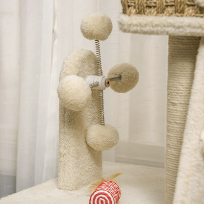 Cat Tree Scratching Post 130H cm Climbing Tree with Cat Condo Playing Balls Jute Posts Large Platform Particle Board Plush Khaki+Beige