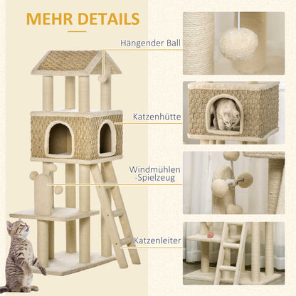 Cat Tree Scratching Post 130H cm Climbing Tree with Cat Condo Playing Balls Jute Posts Large Platform Particle Board Plush Khaki+Beige