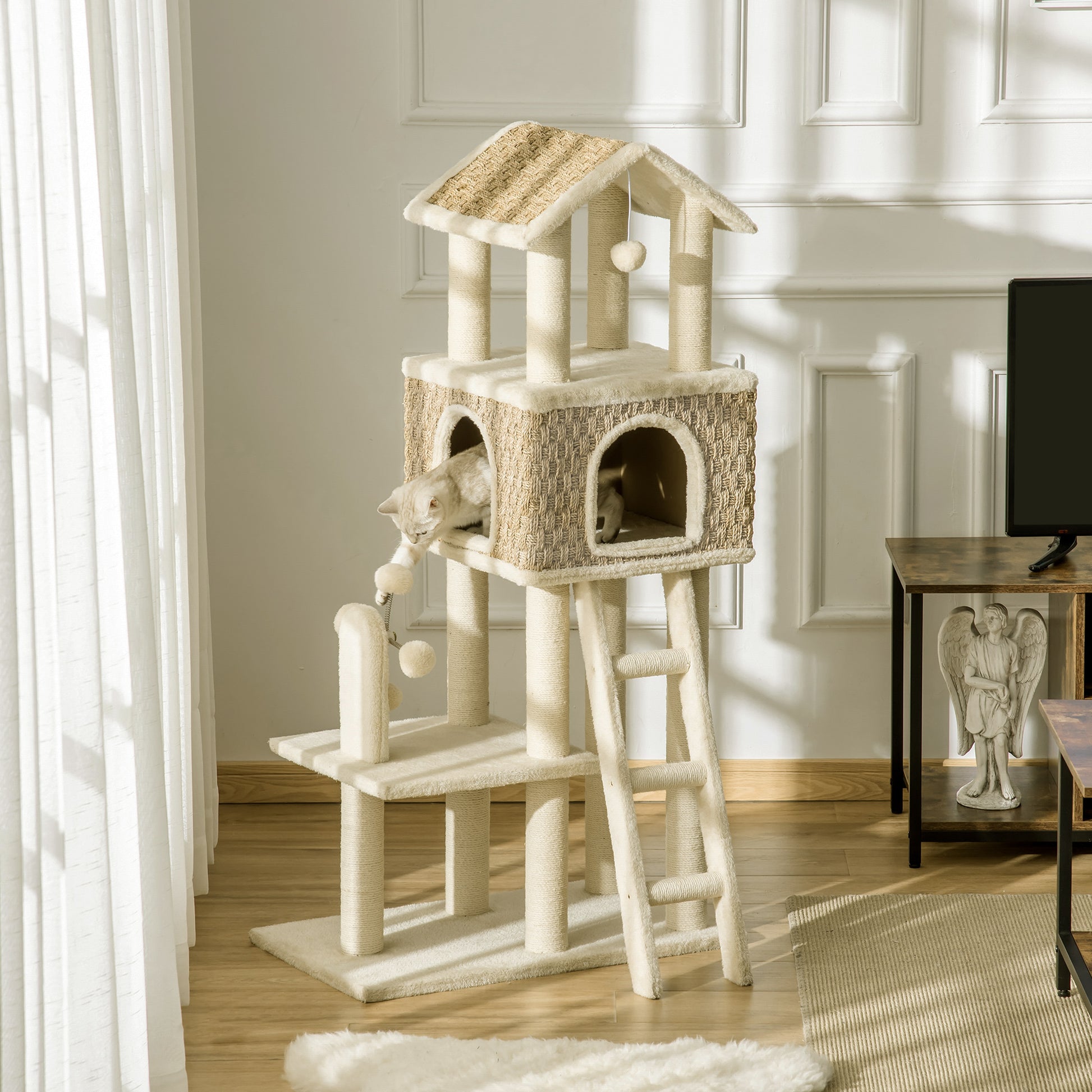 Cat Tree Scratching Post 130H cm Climbing Tree with Cat Condo Playing Balls Jute Posts Large Platform Particle Board Plush Khaki+Beige