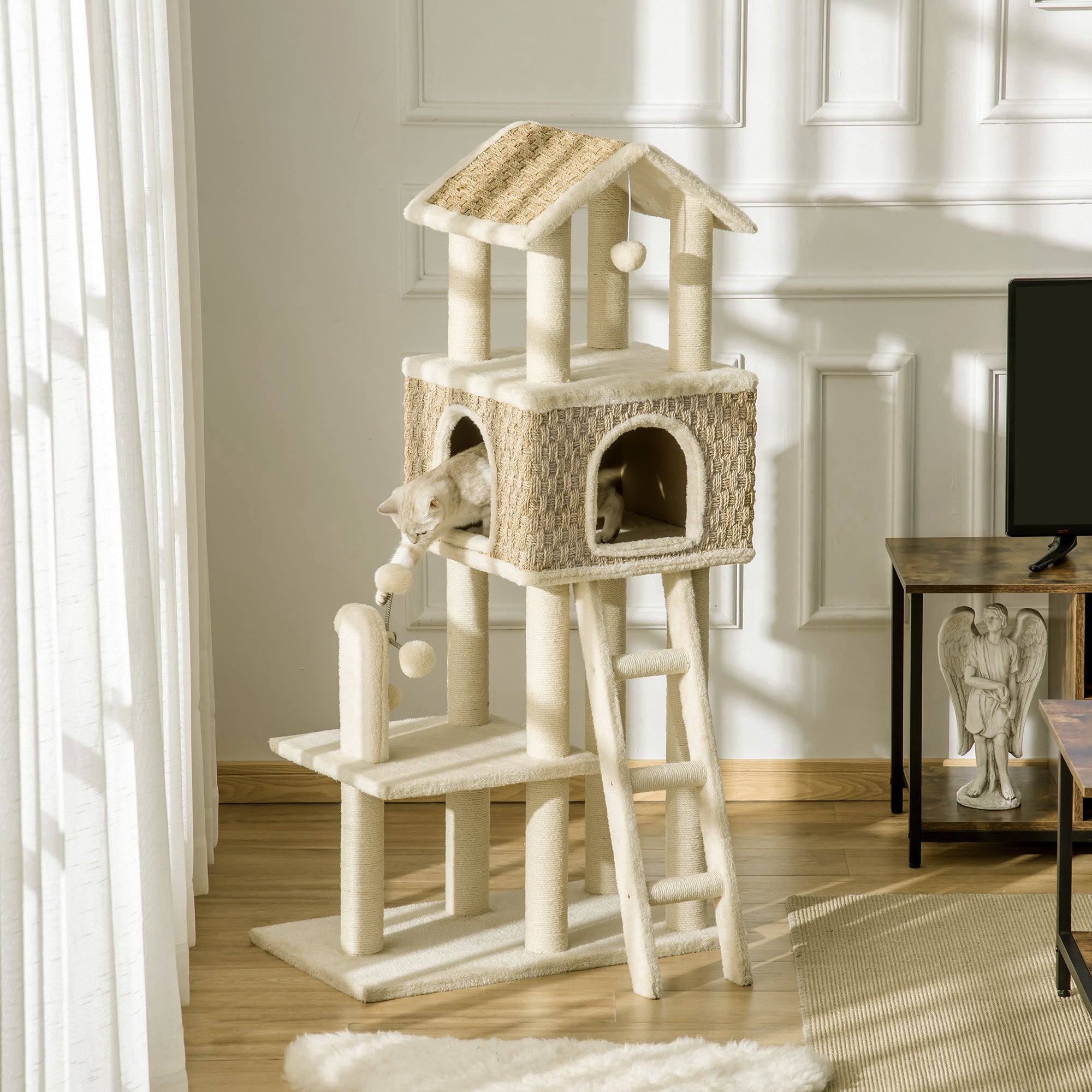 Cat Tree Scratching Post 130H cm Climbing Tree with Cat Condo Playing Balls Jute Posts Large Platform Particle Board Plush Khaki+Beige