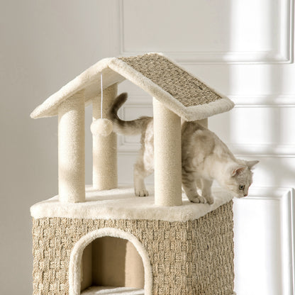 Cat Tree Scratching Post 130H cm Climbing Tree with Cat Condo Playing Balls Jute Posts Large Platform Particle Board Plush Khaki+Beige