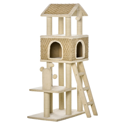 Cat Tree Scratching Post 130H cm Climbing Tree with Cat Condo Playing Balls Jute Posts Large Platform Particle Board Plush Khaki+Beige