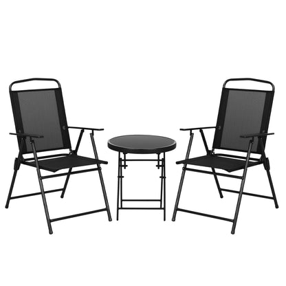 3-Piece Garden Bistro Set 2 Folding Chairs with Armrests + Round Glass Top Folding Coffee Table High Density Mesh Fabric Metal Epoxy