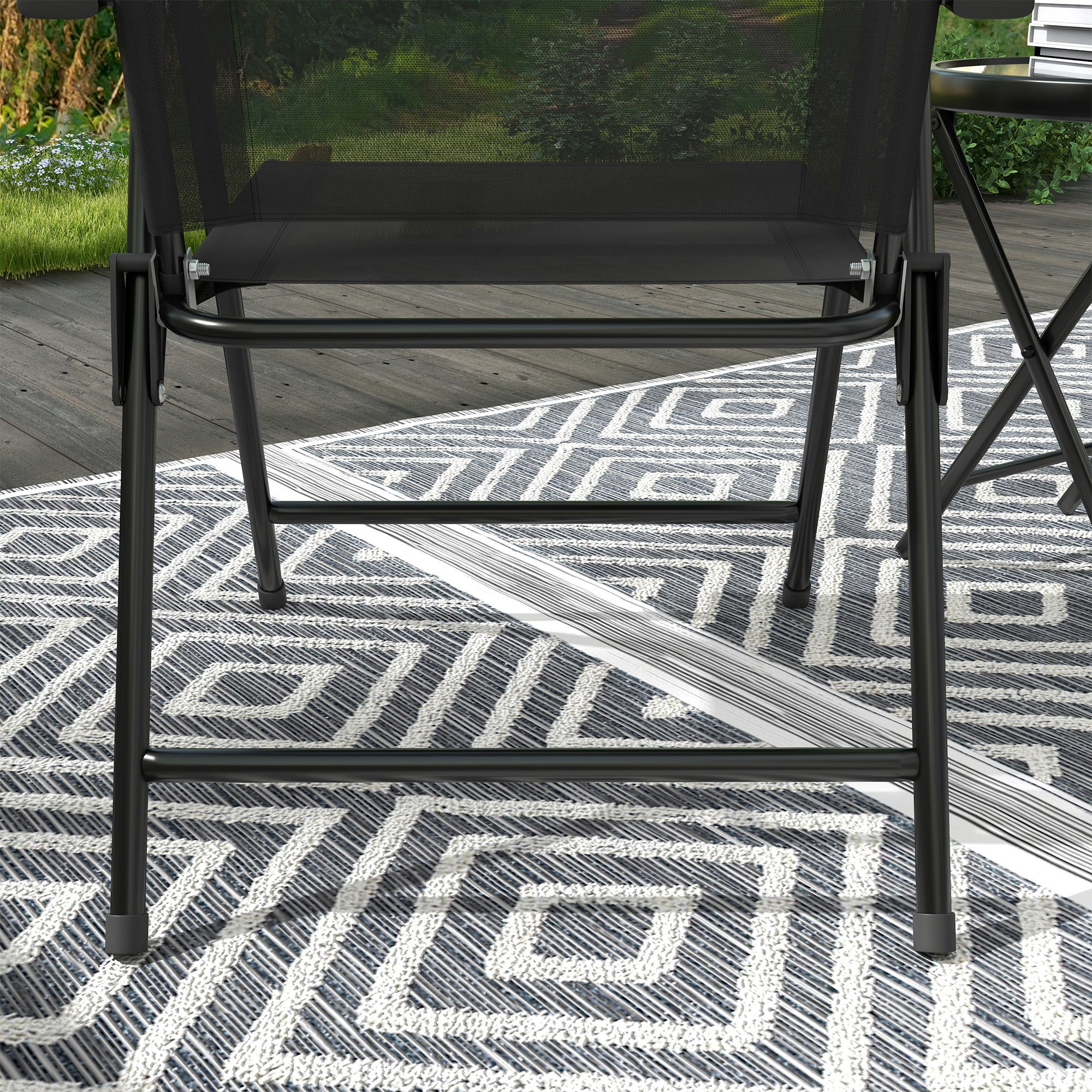 3-Piece Garden Bistro Set 2 Folding Chairs with Armrests + Round Glass Top Folding Coffee Table High Density Mesh Fabric Metal Epoxy