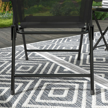 3-Piece Garden Bistro Set 2 Folding Chairs with Armrests + Round Glass Top Folding Coffee Table High Density Mesh Fabric Metal Epoxy