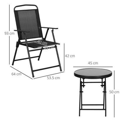 3-Piece Garden Bistro Set 2 Folding Chairs with Armrests + Round Glass Top Folding Coffee Table High Density Mesh Fabric Metal Epoxy