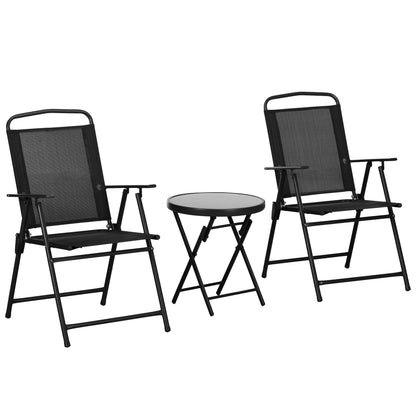 3-Piece Garden Bistro Set 2 Folding Chairs with Armrests + Round Glass Top Folding Coffee Table High Density Mesh Fabric Metal Epoxy