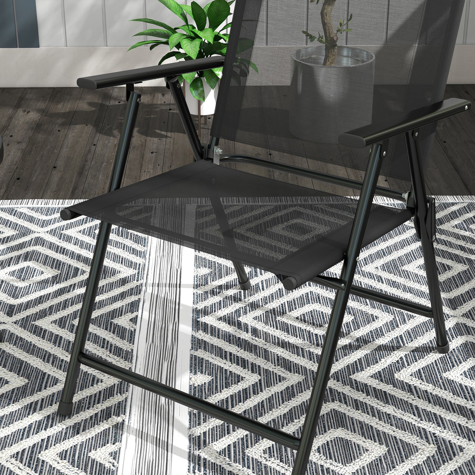 3-Piece Garden Bistro Set 2 Folding Chairs with Armrests + Round Glass Top Folding Coffee Table High Density Mesh Fabric Metal Epoxy