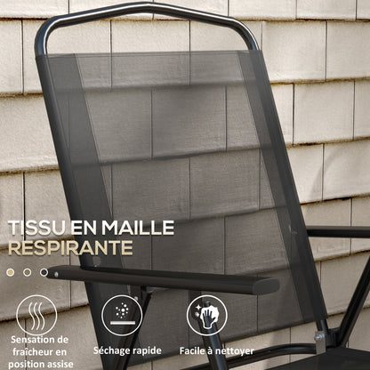 3-Piece Garden Bistro Set 2 Folding Chairs with Armrests + Round Glass Top Folding Coffee Table High Density Mesh Fabric Metal Epoxy