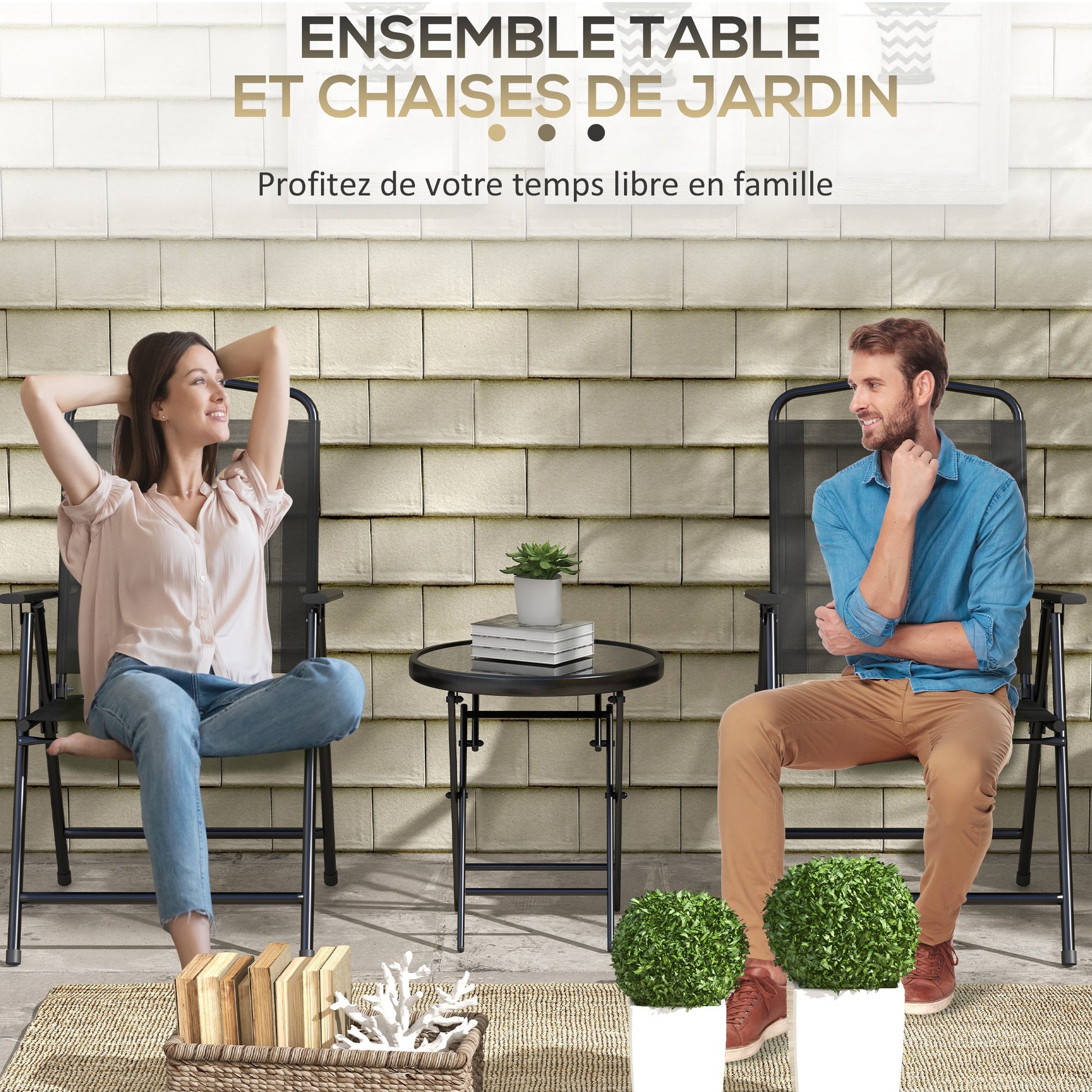 3-Piece Garden Bistro Set 2 Folding Chairs with Armrests + Round Glass Top Folding Coffee Table High Density Mesh Fabric Metal Epoxy