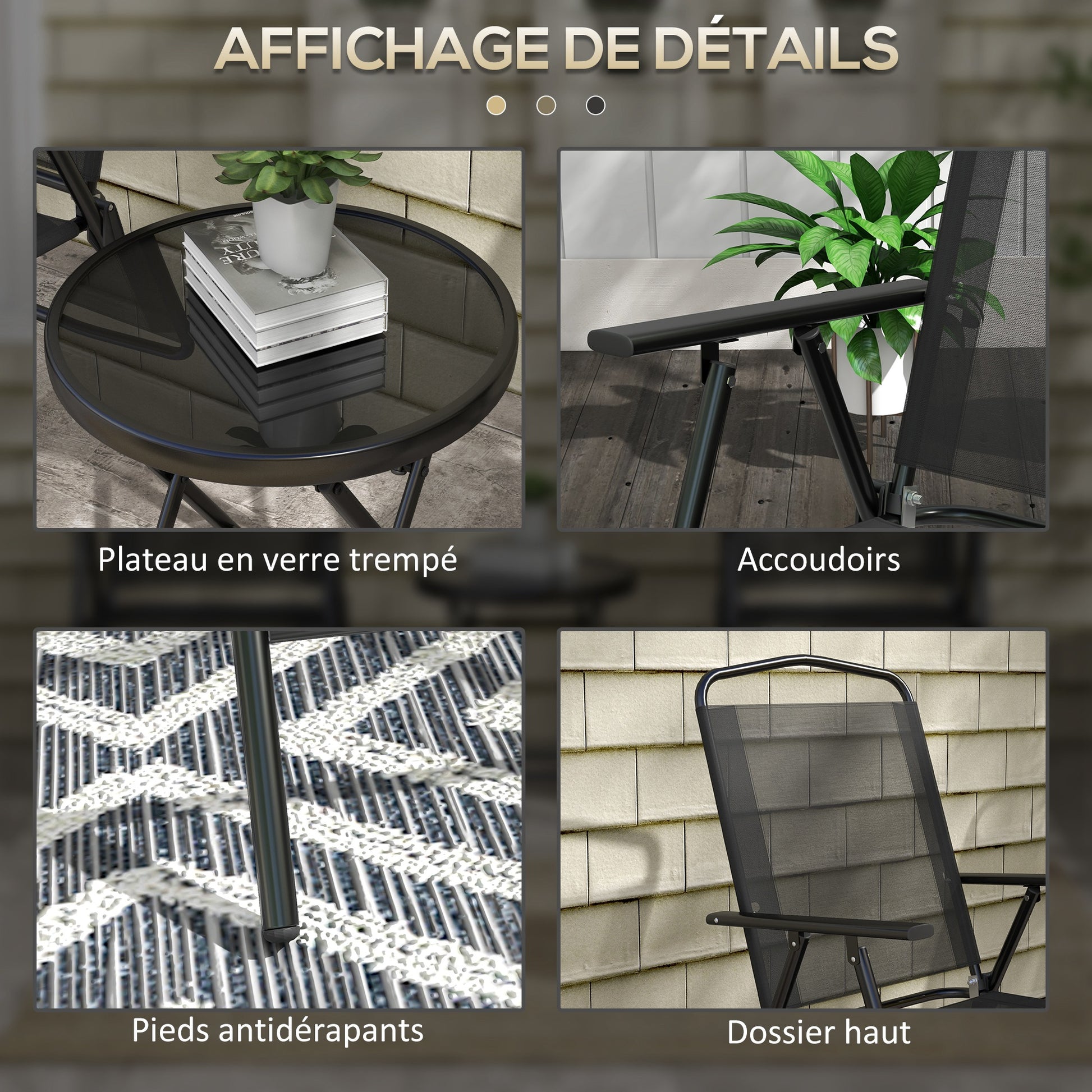 3-Piece Garden Bistro Set 2 Folding Chairs with Armrests + Round Glass Top Folding Coffee Table High Density Mesh Fabric Metal Epoxy