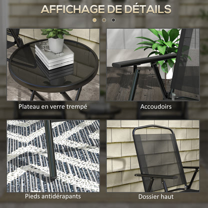 3-Piece Garden Bistro Set 2 Folding Chairs with Armrests + Round Glass Top Folding Coffee Table High Density Mesh Fabric Metal Epoxy