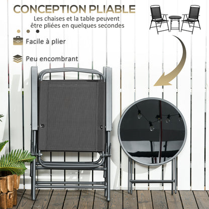 3-Piece Garden Bistro Set 2 Folding Chairs with Armrests + Round Glass Top Folding Coffee Table High Density Mesh Fabric Metal Epoxy