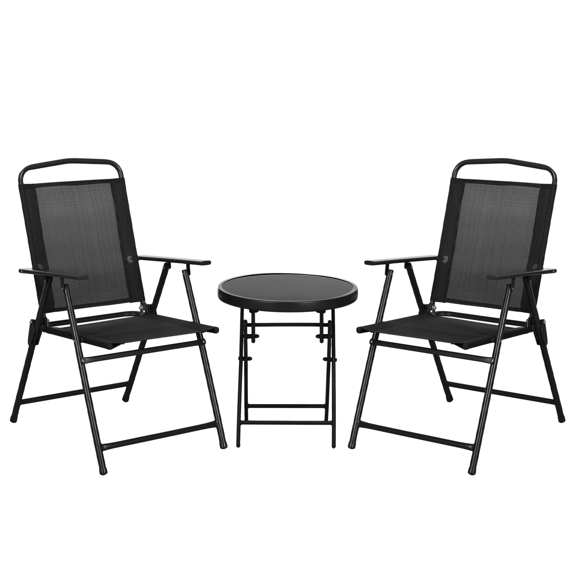 3-Piece Garden Bistro Set 2 Folding Chairs with Armrests + Round Glass Top Folding Coffee Table High Density Mesh Fabric Metal Epoxy