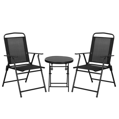 3-Piece Garden Bistro Set 2 Folding Chairs with Armrests + Round Glass Top Folding Coffee Table High Density Mesh Fabric Metal Epoxy