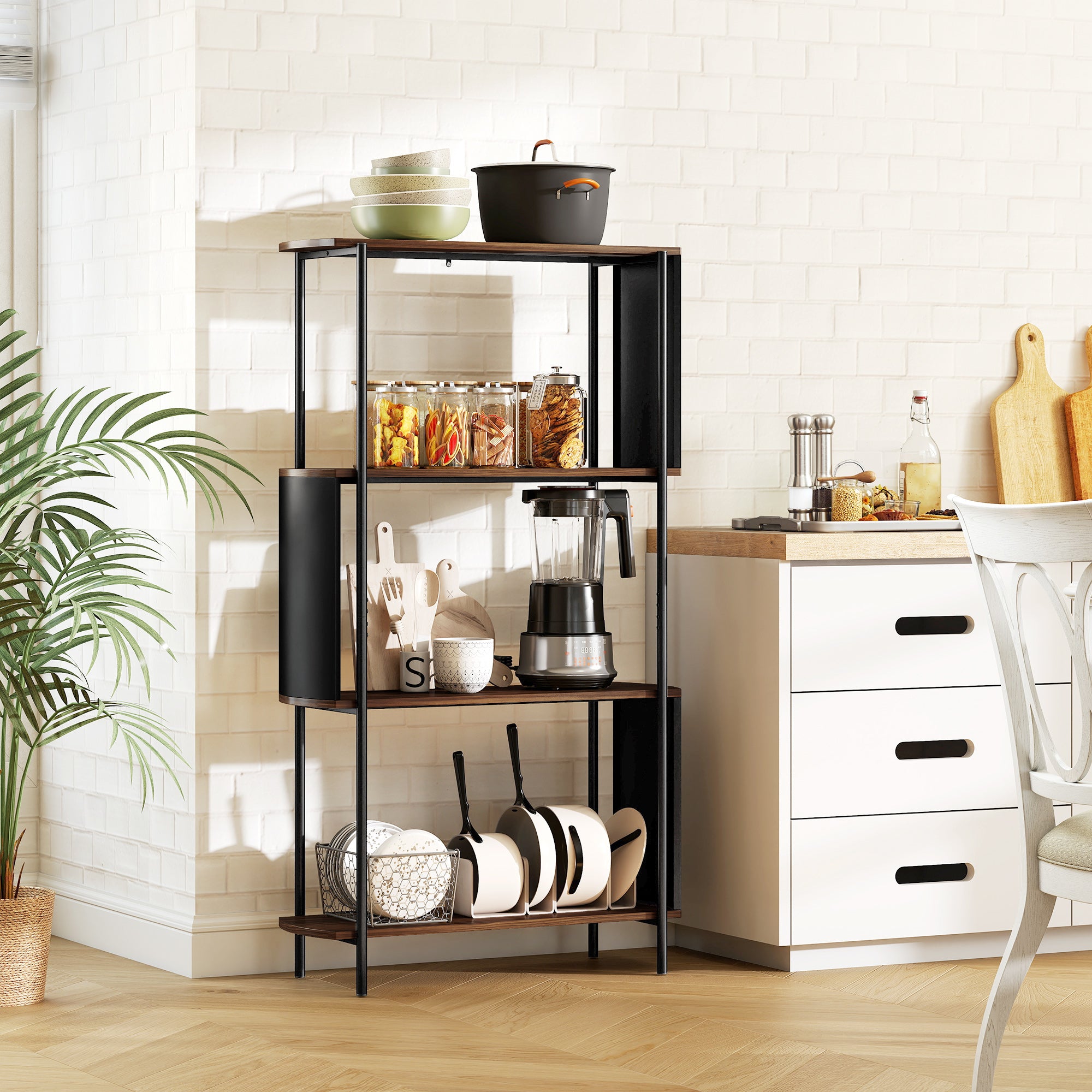4-Tier Storage Shelf, 4-Shelf Bookcase with Curved Side Panels, Industrial Style Steel Frame Storage Unit for Office, Living Room, Bedroom — 31.5 x 11.8 x 55.5 in (80 x 30 x 141 cm), Brown