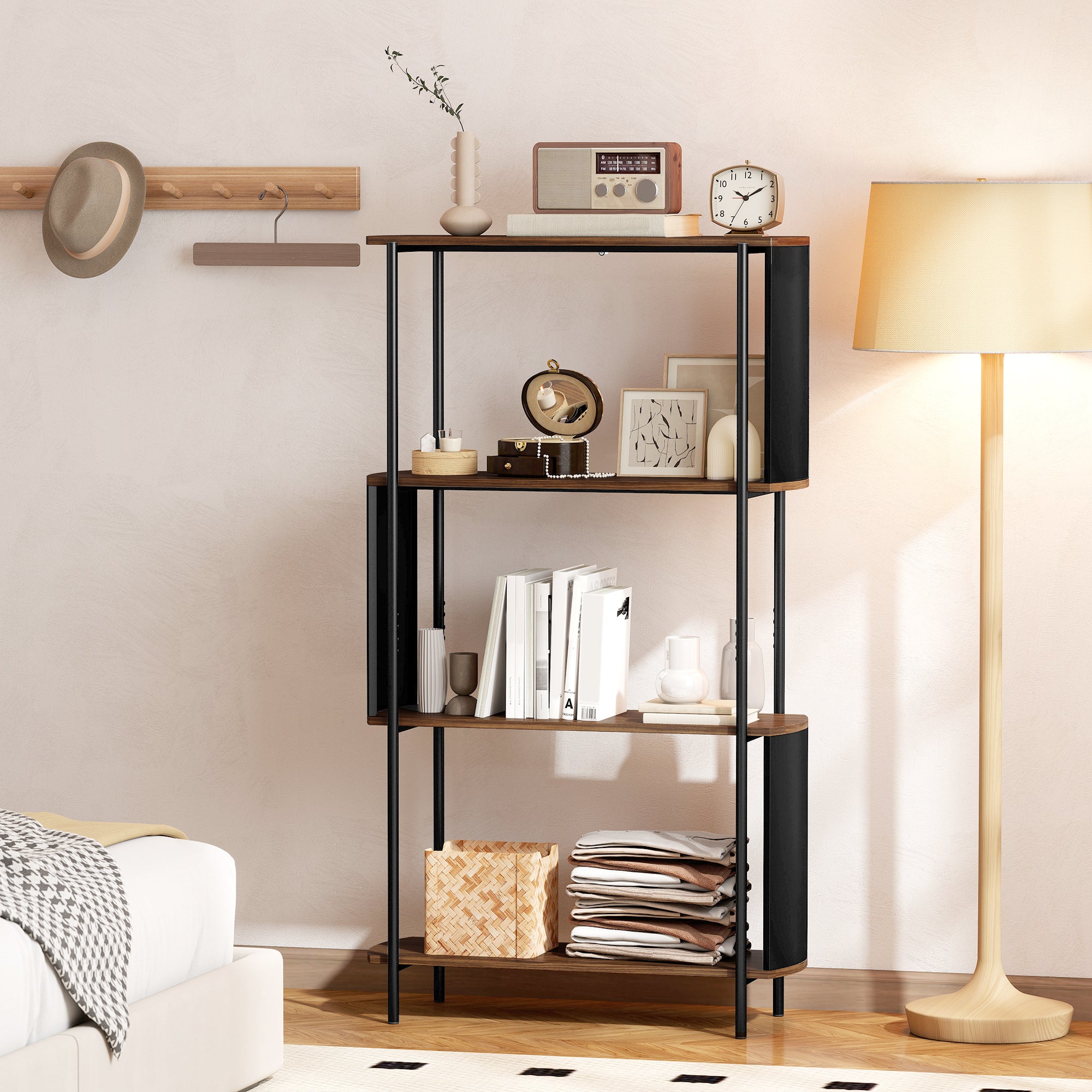 4-Tier Storage Shelf, 4-Shelf Bookcase with Curved Side Panels, Industrial Style Steel Frame Storage Unit for Office, Living Room, Bedroom — 31.5 x 11.8 x 55.5 in (80 x 30 x 141 cm), Brown