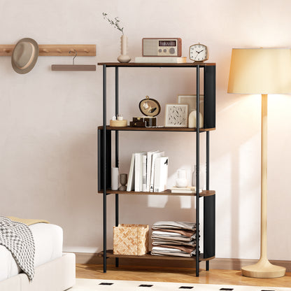4-Tier Storage Shelf, 4-Shelf Bookcase with Curved Side Panels, Industrial Style Steel Frame Storage Unit for Office, Living Room, Bedroom — 31.5 x 11.8 x 55.5 in (80 x 30 x 141 cm), Brown