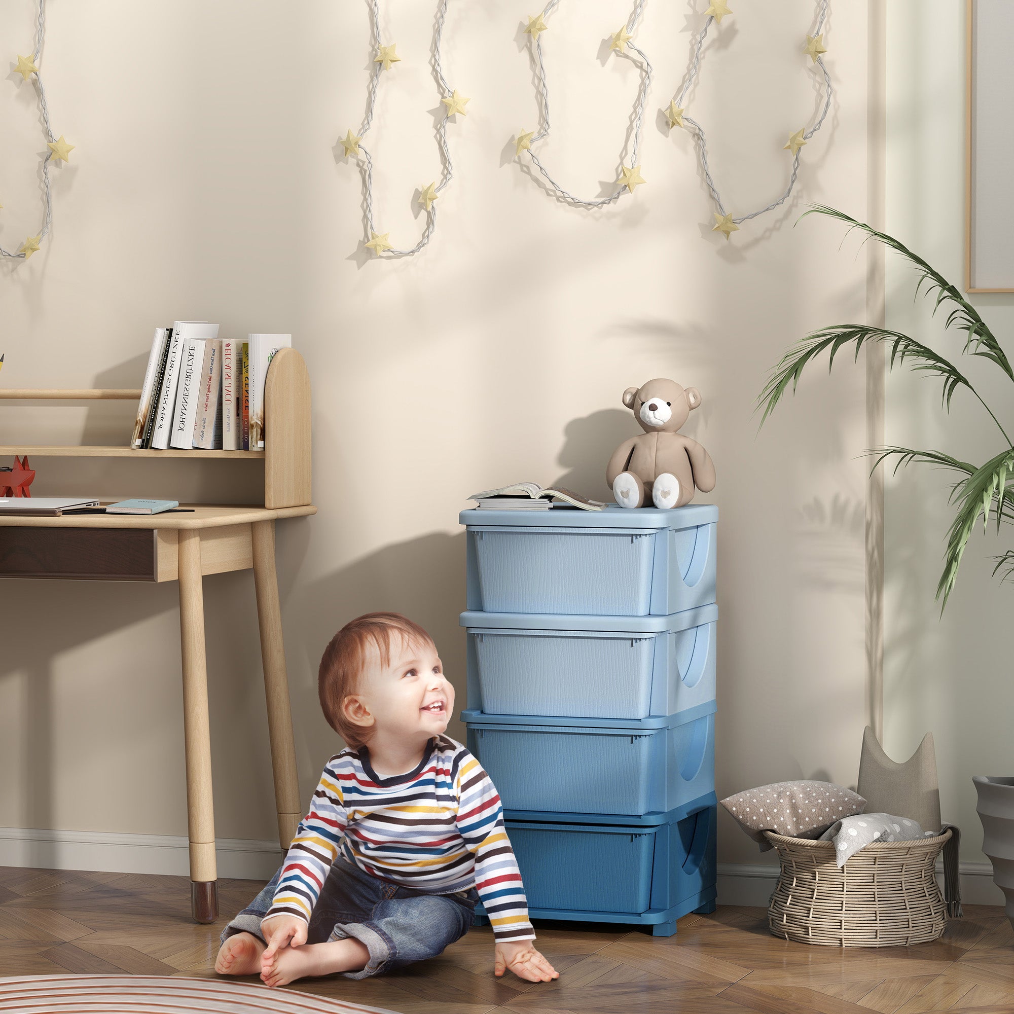 Drawer Cabinet for Kids with Storage Space, Storage Boxes Toy Organizer Toy Box Four Levels for Kids Room 3-6 Years Children's Furniture Blue 37 x 37 x 76 cm