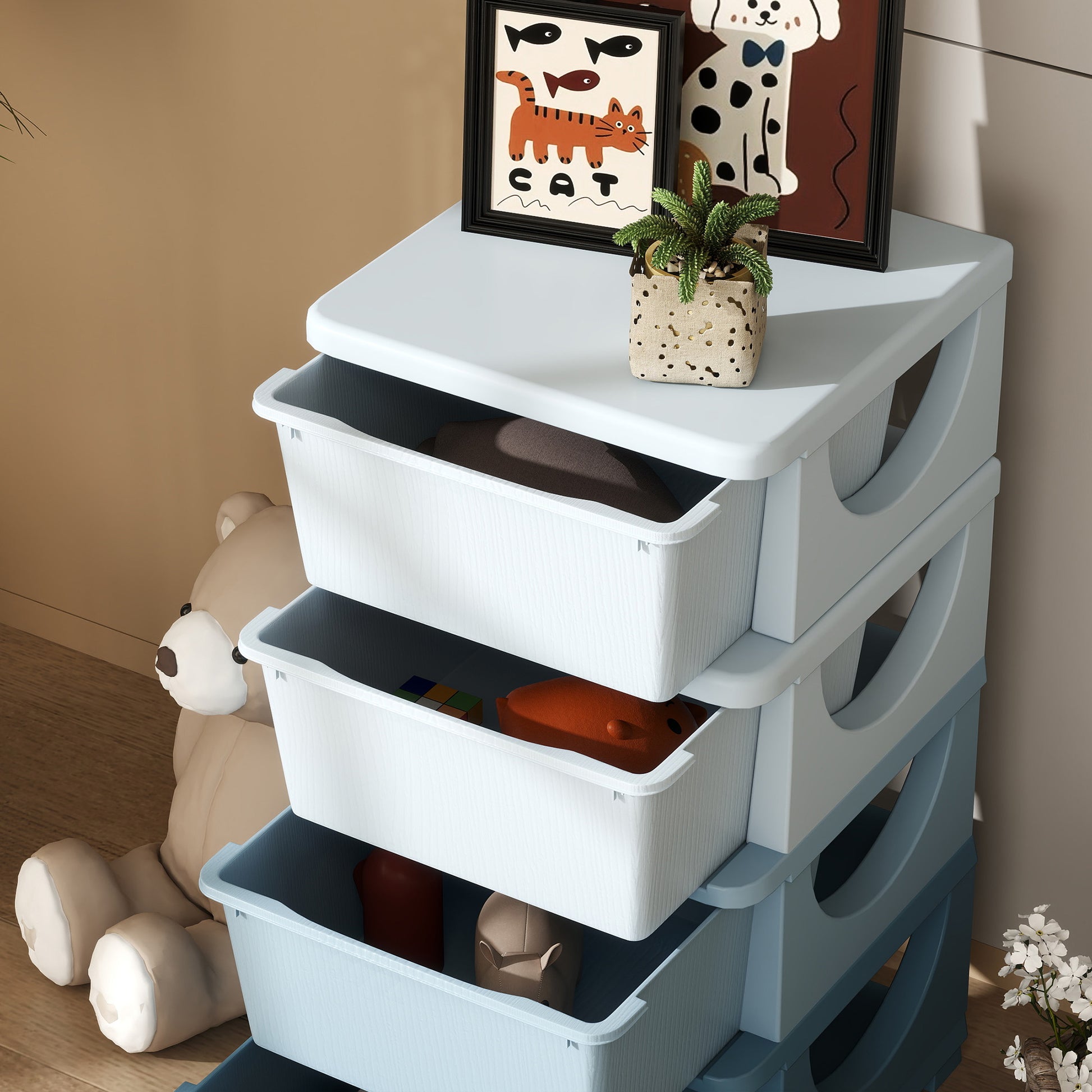 Drawer Cabinet for Kids with Storage Space, Storage Boxes Toy Organizer Toy Box Four Levels for Kids Room 3-6 Years Children's Furniture Blue 37 x 37 x 76 cm