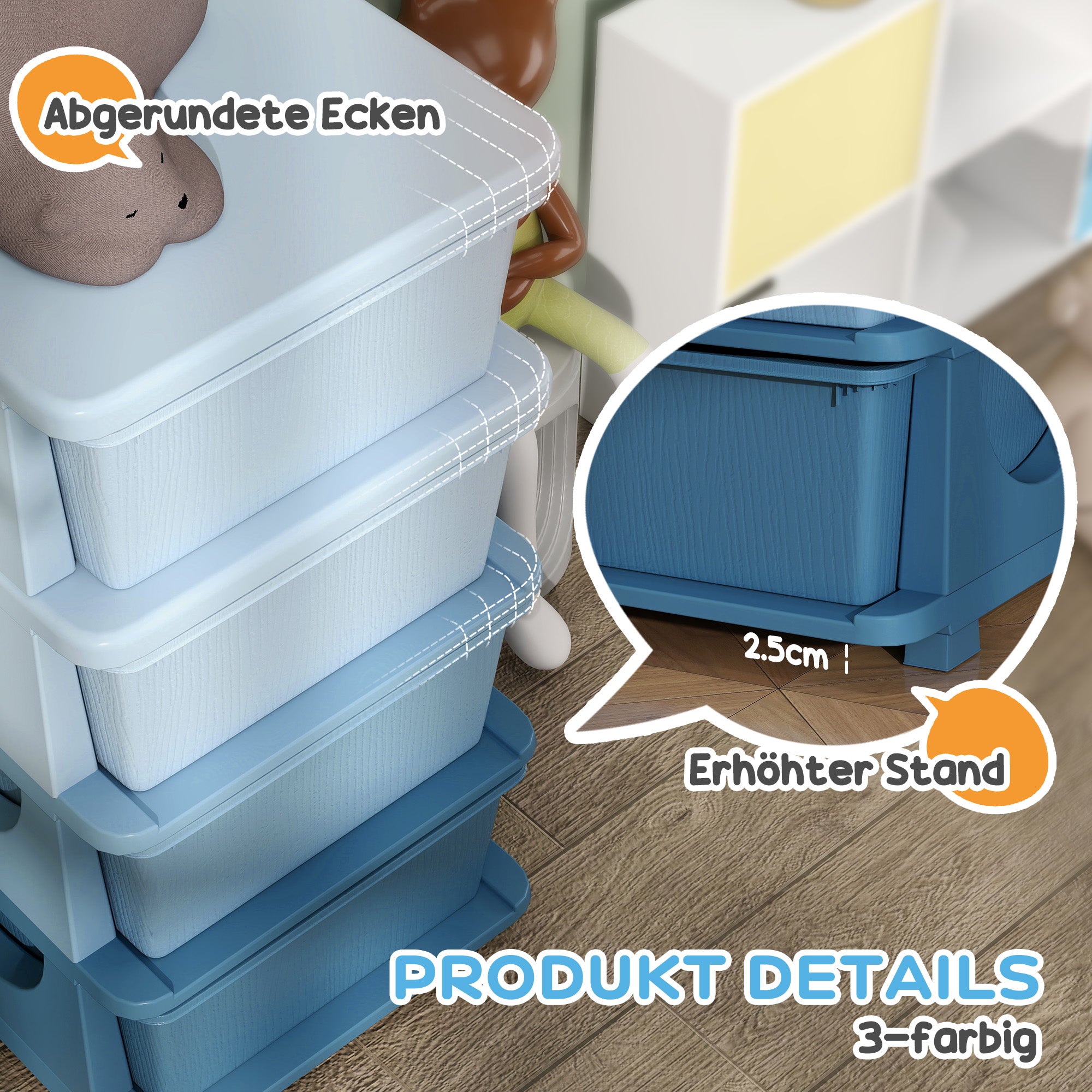 Drawer Cabinet for Kids with Storage Space, Storage Boxes Toy Organizer Toy Box Four Levels for Kids Room 3-6 Years Children's Furniture Blue 37 x 37 x 76 cm