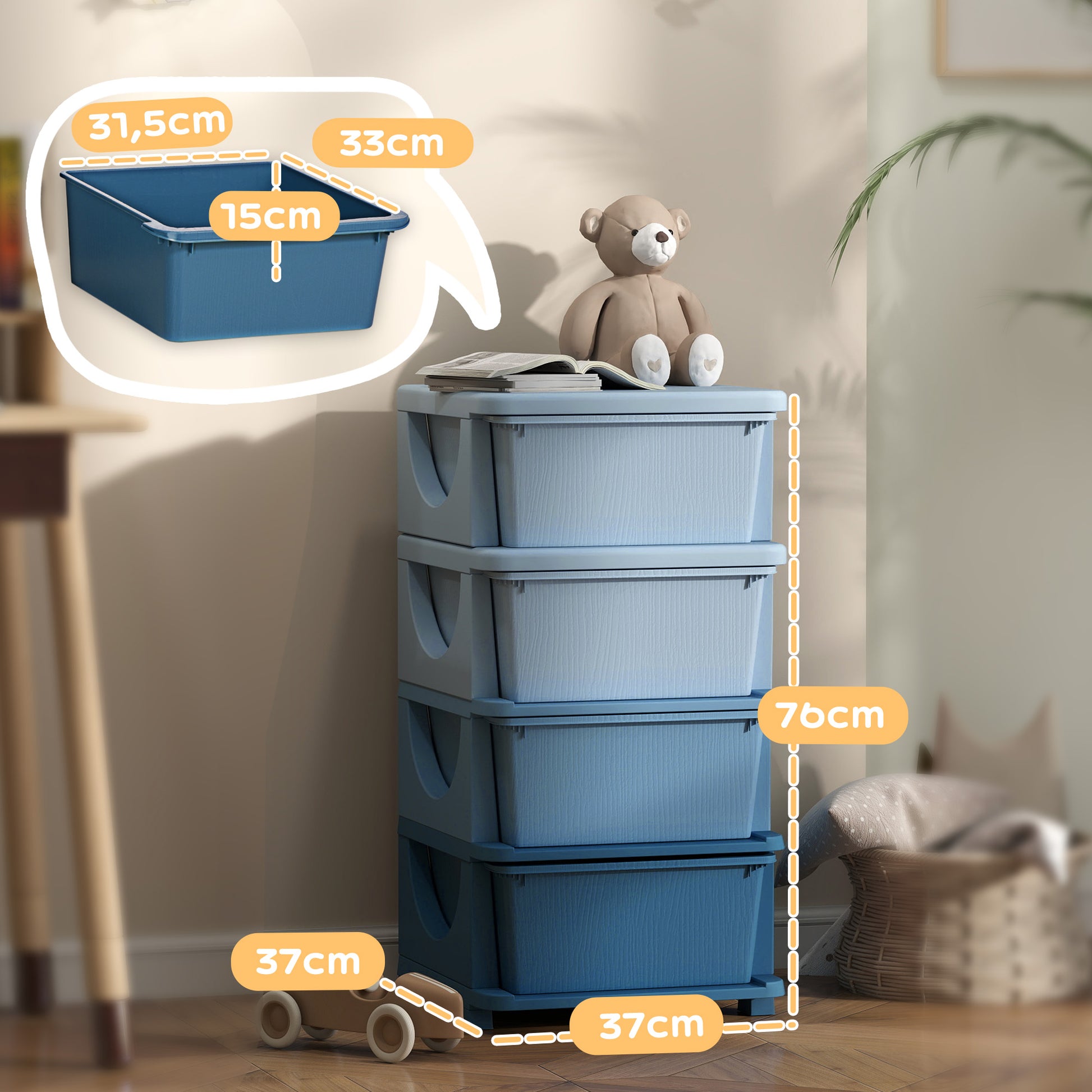 Drawer Cabinet for Kids with Storage Space, Storage Boxes Toy Organizer Toy Box Four Levels for Kids Room 3-6 Years Children's Furniture Blue 37 x 37 x 76 cm