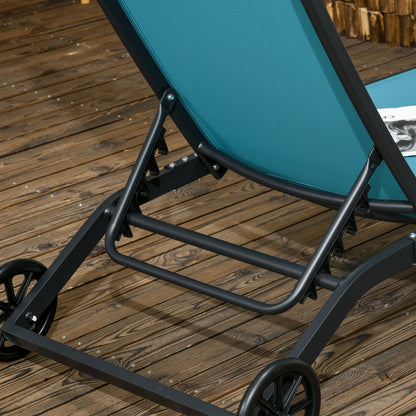 Set of 2 Outdoor Garden Loungers Reclining Aluminum Sun Loungers with Adjustable 5-Level Backrest and Wheels for Beach Pool 165x66x102 cm Blue and Gray
