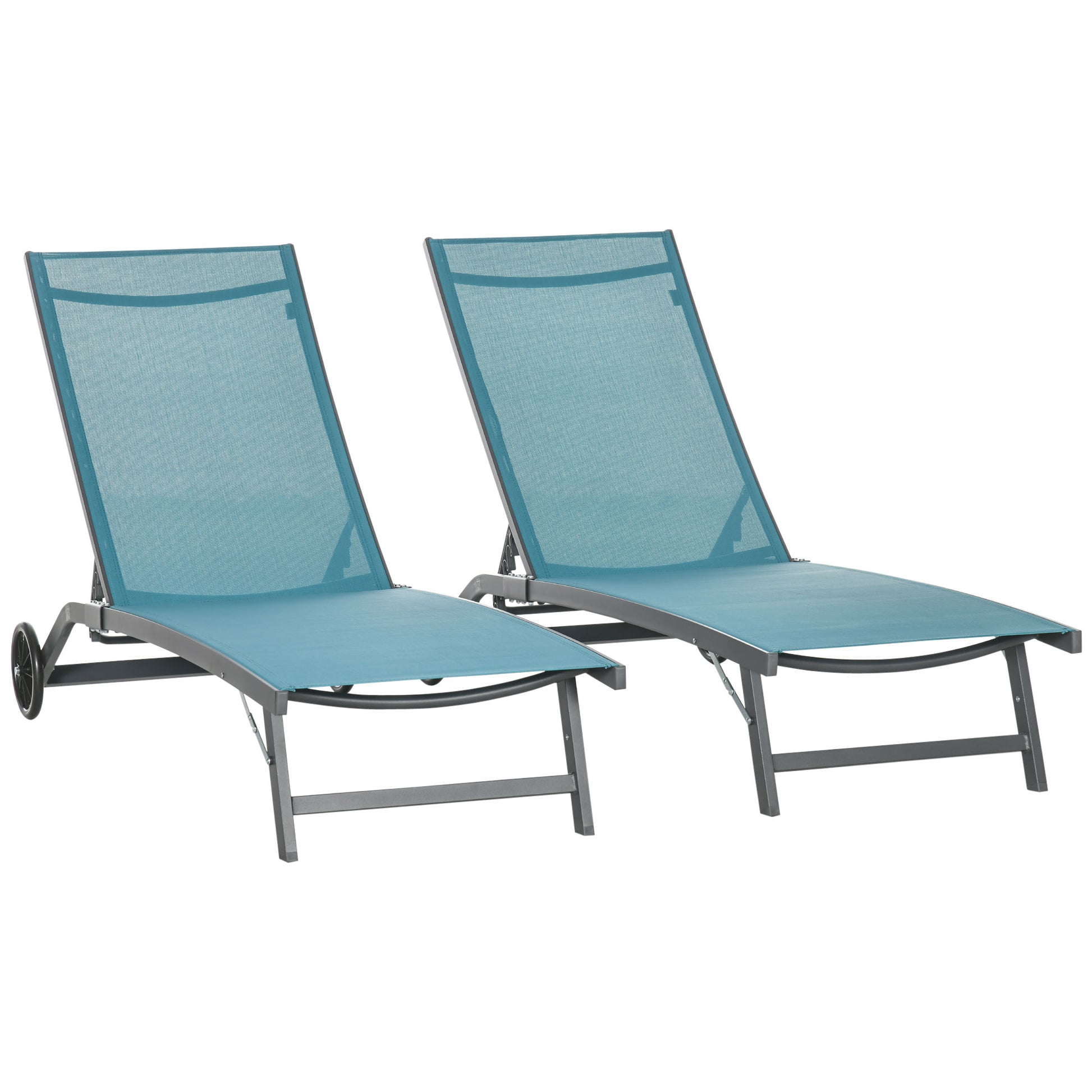 Set of 2 Outdoor Garden Loungers Reclining Aluminum Sun Loungers with Adjustable 5-Level Backrest and Wheels for Beach Pool 165x66x102 cm Blue and Gray