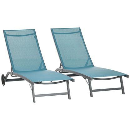 Set of 2 Outdoor Garden Loungers Reclining Aluminum Sun Loungers with Adjustable 5-Level Backrest and Wheels for Beach Pool 165x66x102 cm Blue and Gray