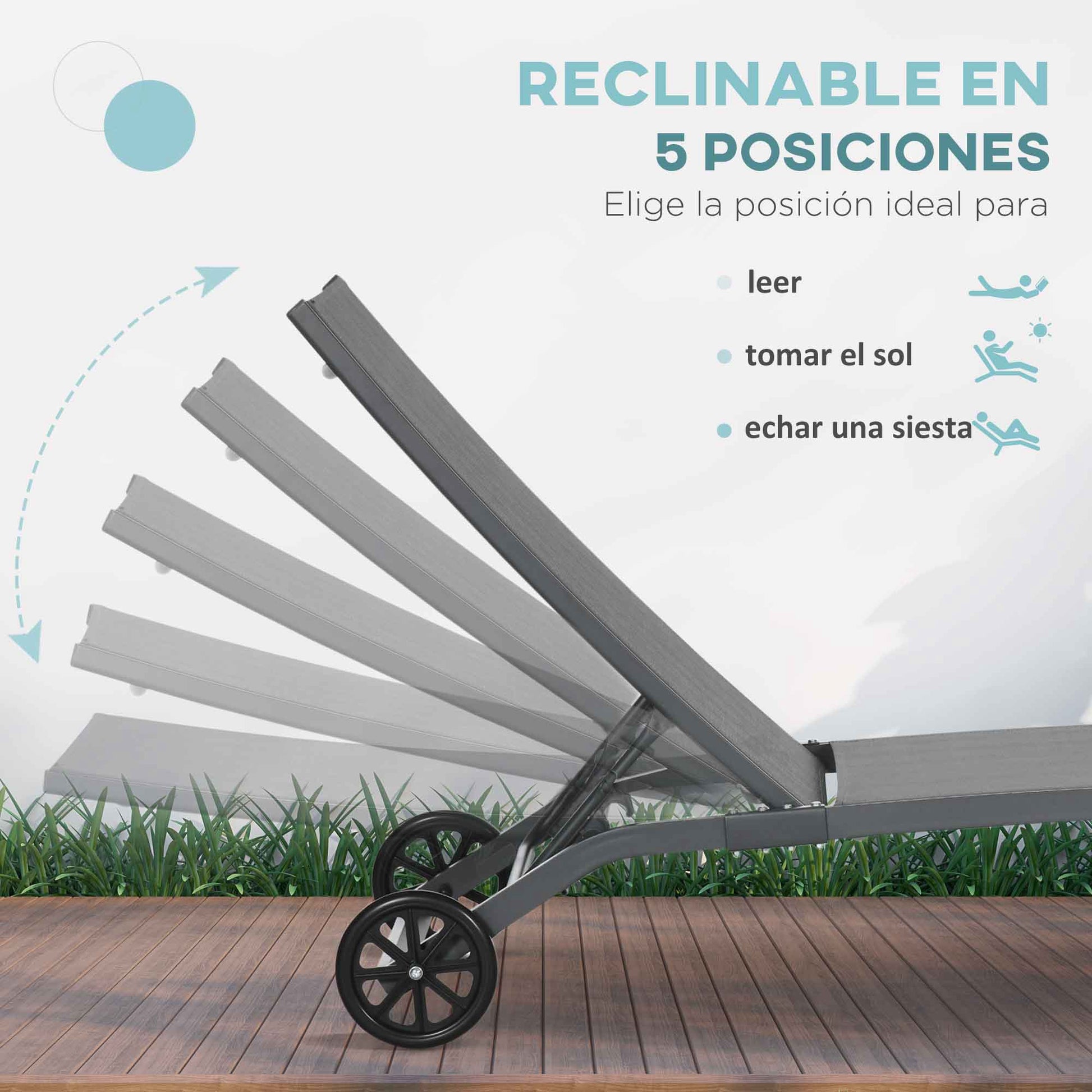 Set of 2 Outdoor Garden Loungers Reclining Aluminum Sun Loungers with Adjustable 5-Level Backrest and Wheels for Beach Pool 165x66x102 cm Blue and Gray