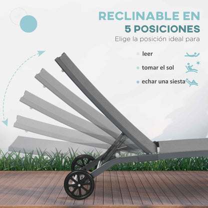 Set of 2 Outdoor Garden Loungers Reclining Aluminum Sun Loungers with Adjustable 5-Level Backrest and Wheels for Beach Pool 165x66x102 cm Blue and Gray