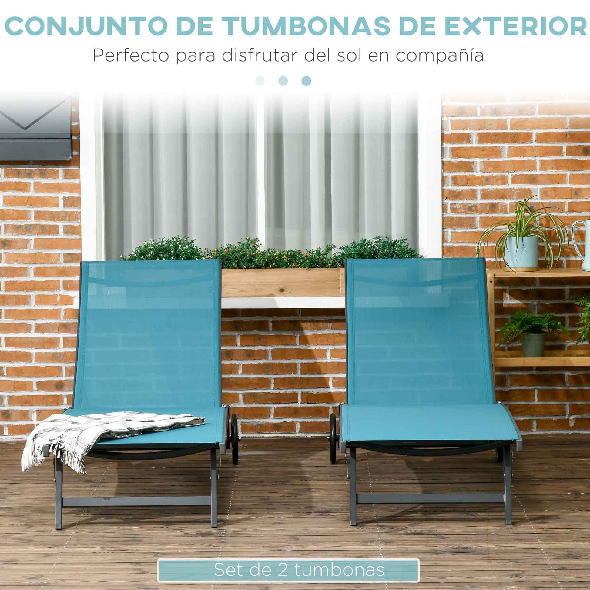 Set of 2 Outdoor Garden Loungers Reclining Aluminum Sun Loungers with Adjustable 5-Level Backrest and Wheels for Beach Pool 165x66x102 cm Blue and Gray