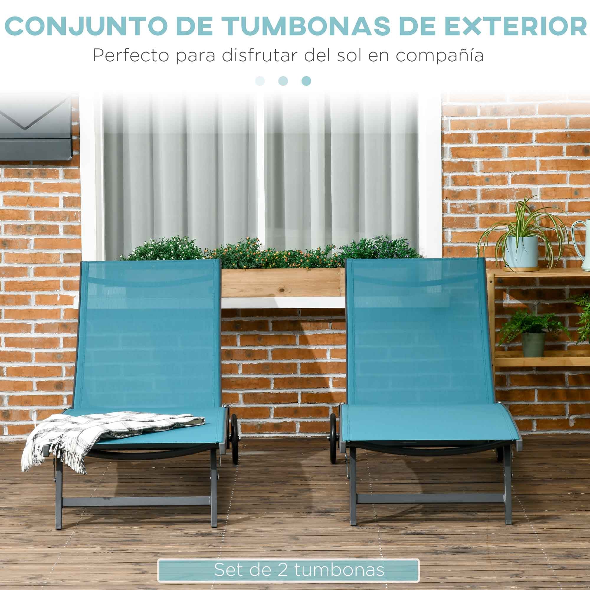 Set of 2 Outdoor Garden Loungers Reclining Aluminum Sun Loungers with Adjustable 5-Level Backrest and Wheels for Beach Pool 165x66x102 cm Blue and Gray