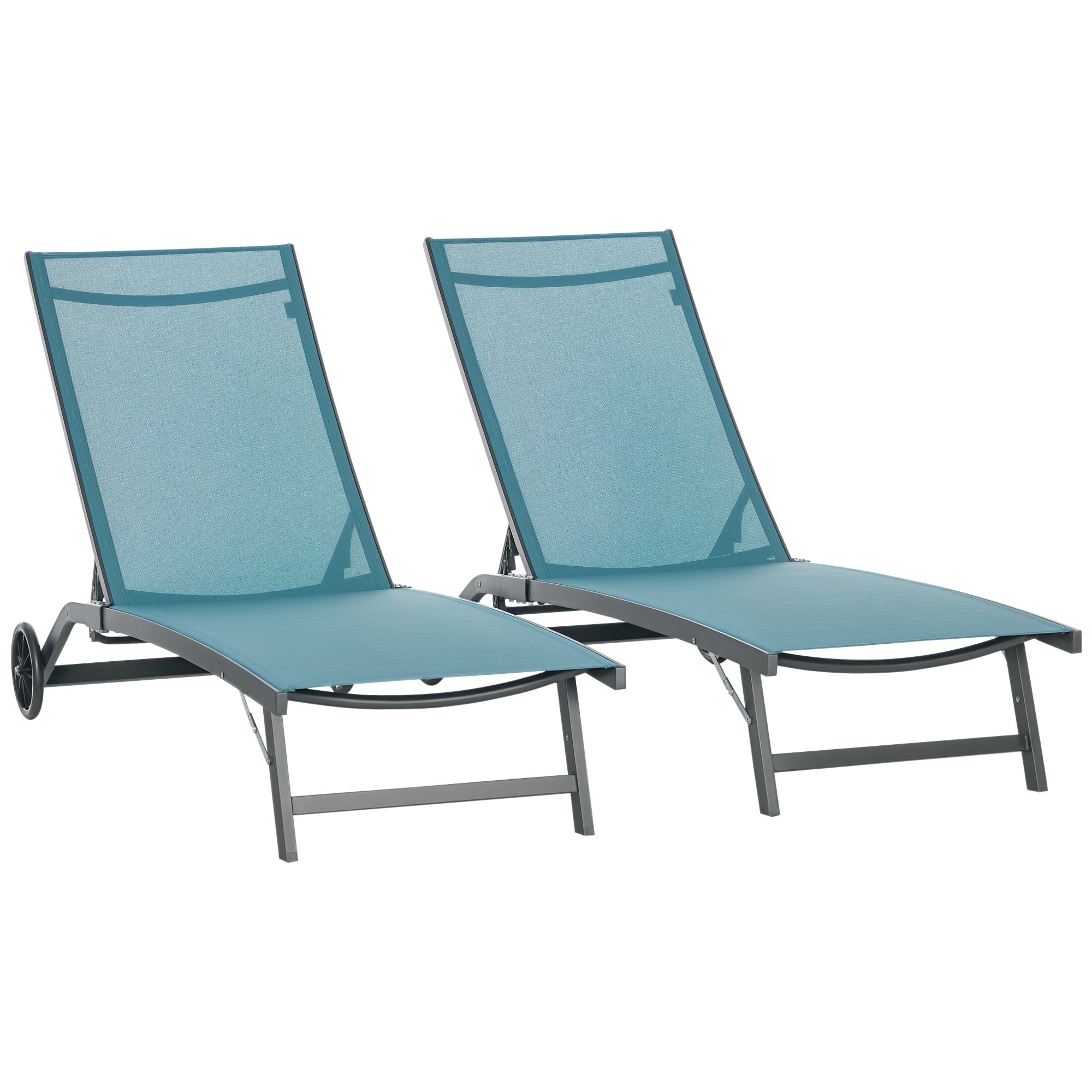 Set of 2 Outdoor Garden Loungers Reclining Aluminum Sun Loungers with Adjustable 5-Level Backrest and Wheels for Beach Pool 165x66x102 cm Blue and Gray