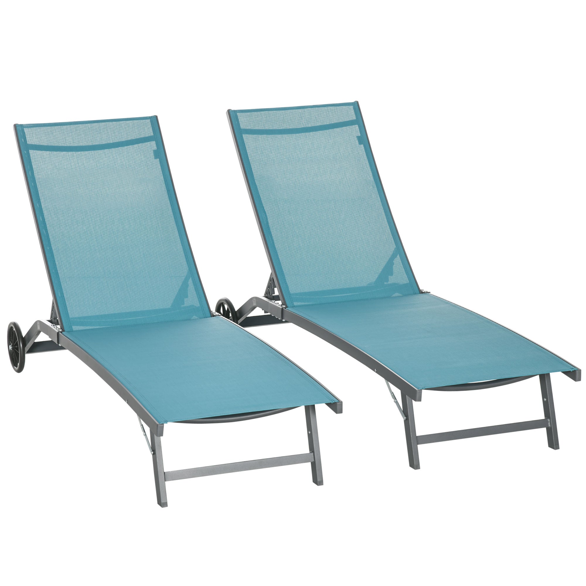 Set of 2 Outdoor Garden Loungers Reclining Aluminum Sun Loungers with Adjustable 5-Level Backrest and Wheels for Beach Pool 165x66x102 cm Blue and Gray