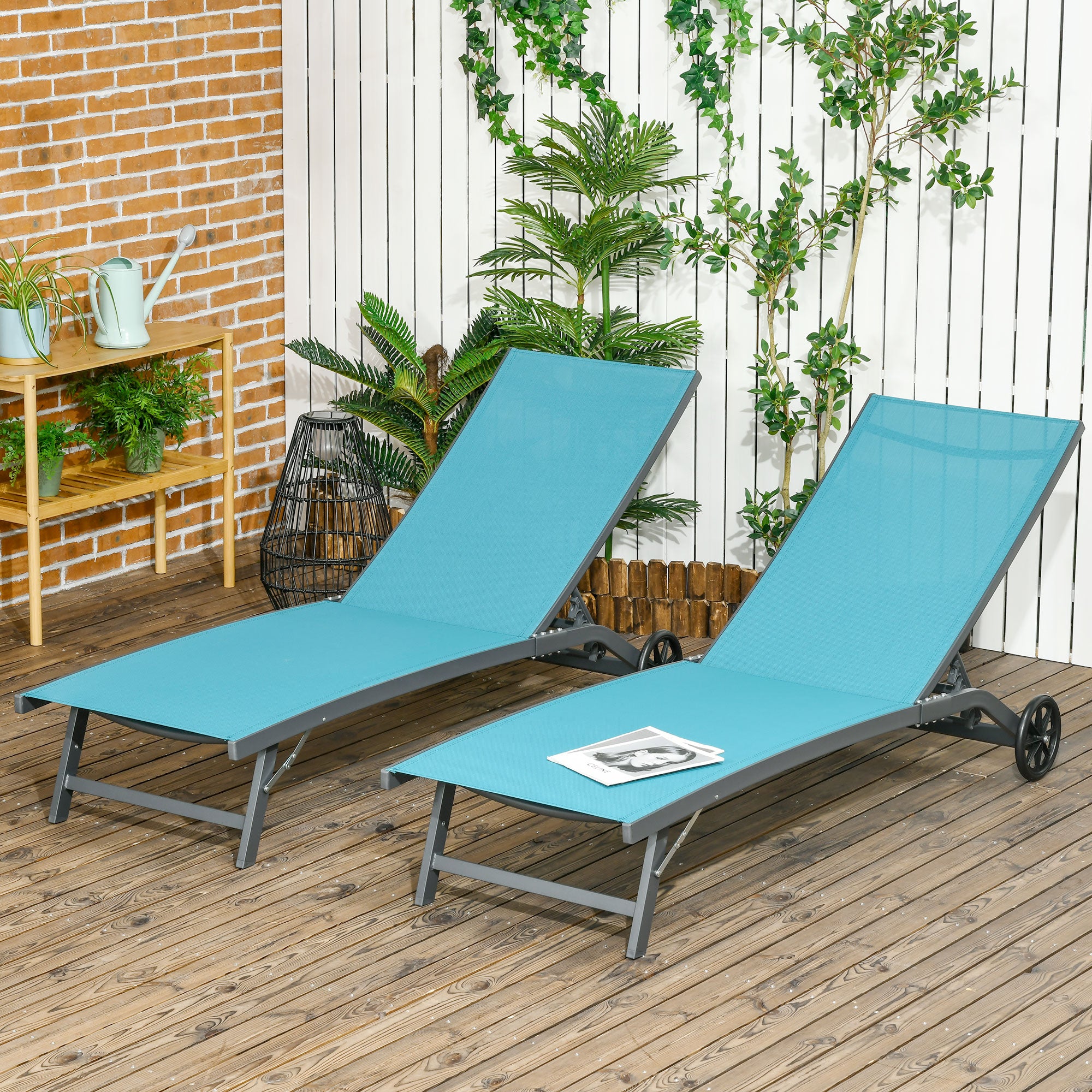 Set of 2 Outdoor Garden Loungers Reclining Aluminum Sun Loungers with Adjustable 5-Level Backrest and Wheels for Beach Pool 165x66x102 cm Blue and Gray