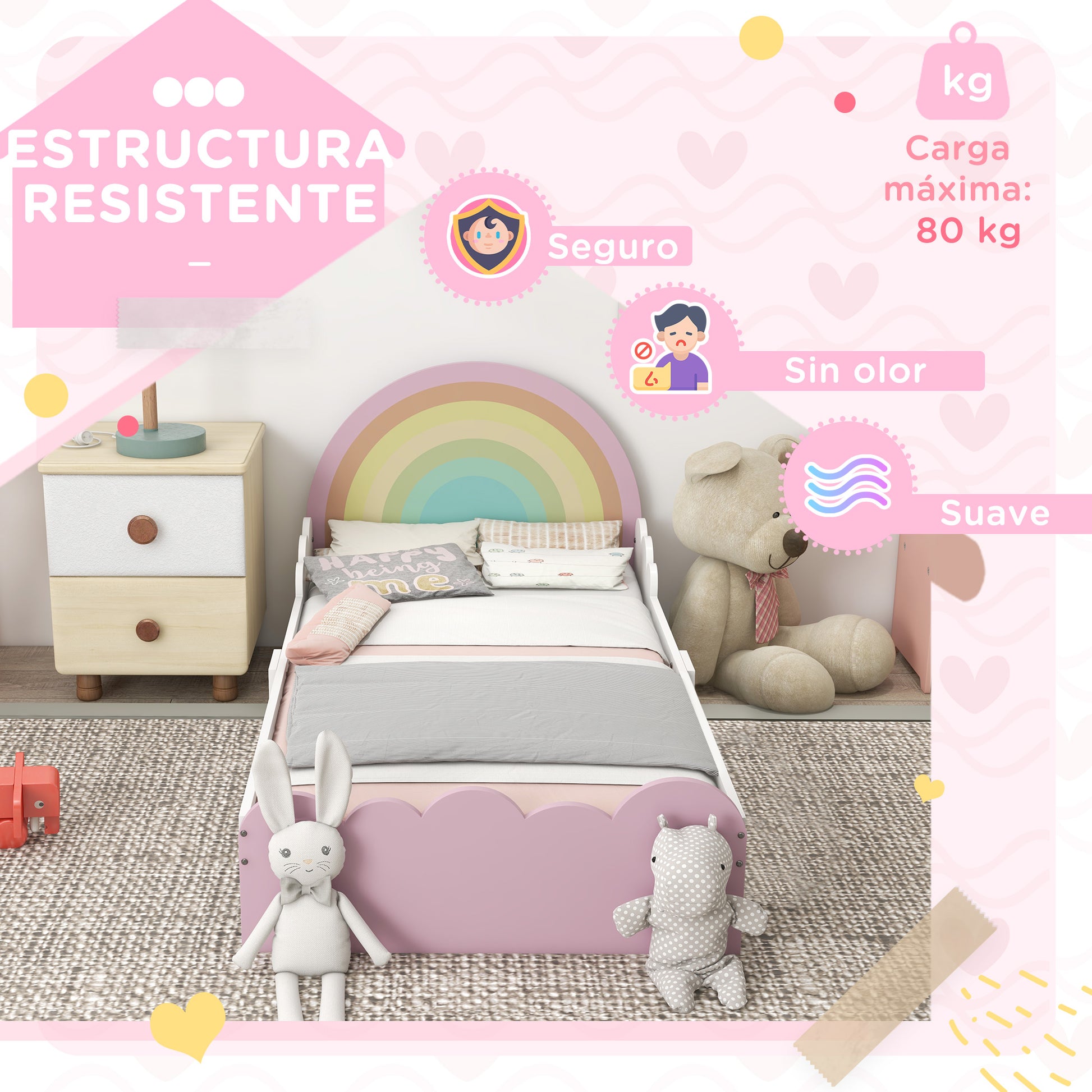 ZONEKIZ Children's Bed for 3-6 Years Old 143x74x66 cm Rainbow Shaped Wooden Children's Bed Modern Bedroom Furniture Load 80 kg Pink
